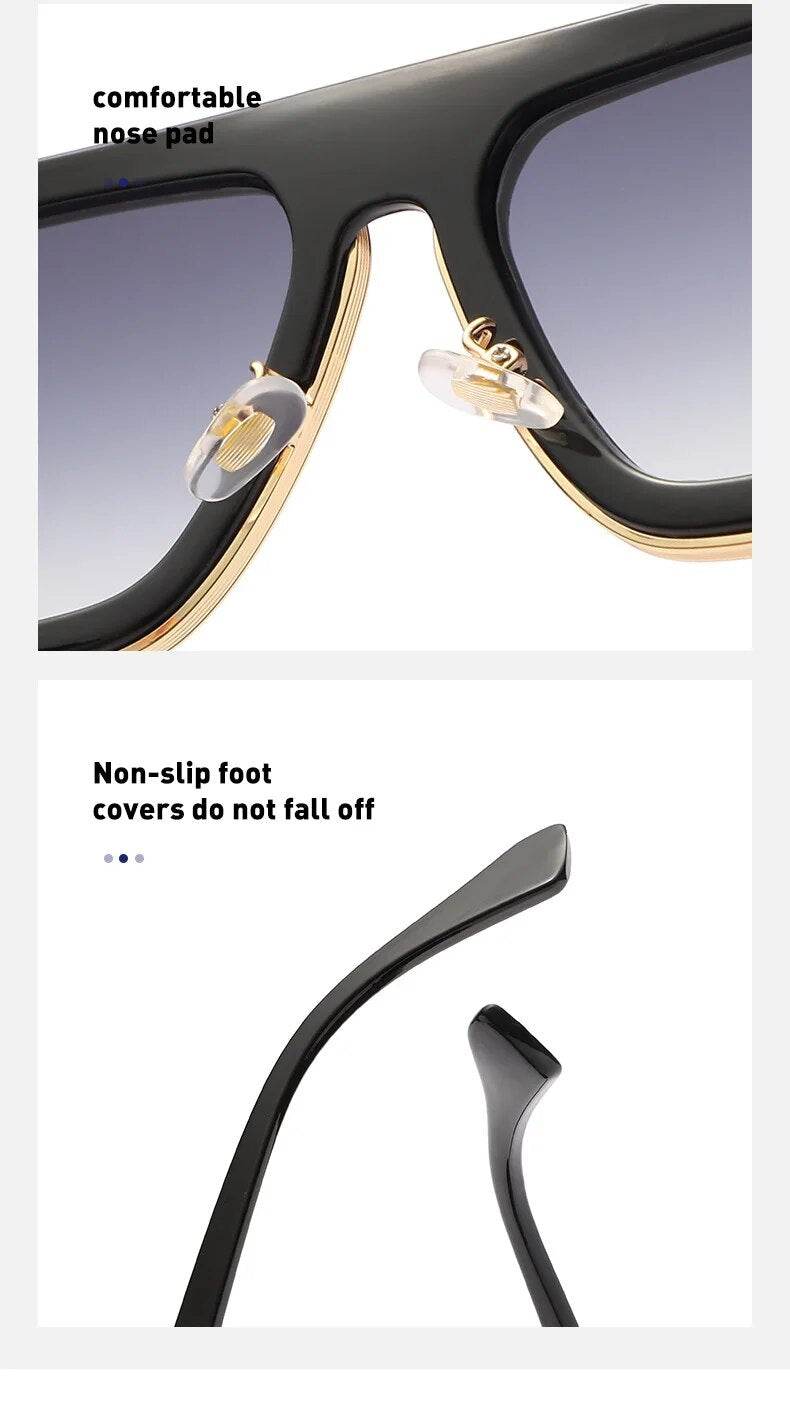 Sunglass Lover retro men's square sunglasses close up of black gold frame adjustable nose pads and non slip temple tips