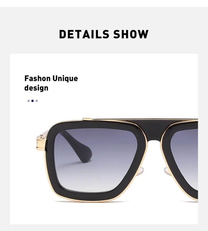 Sunglass Lover retro men's square sunglasses black frame with gold trim and gray gradient lenses close up