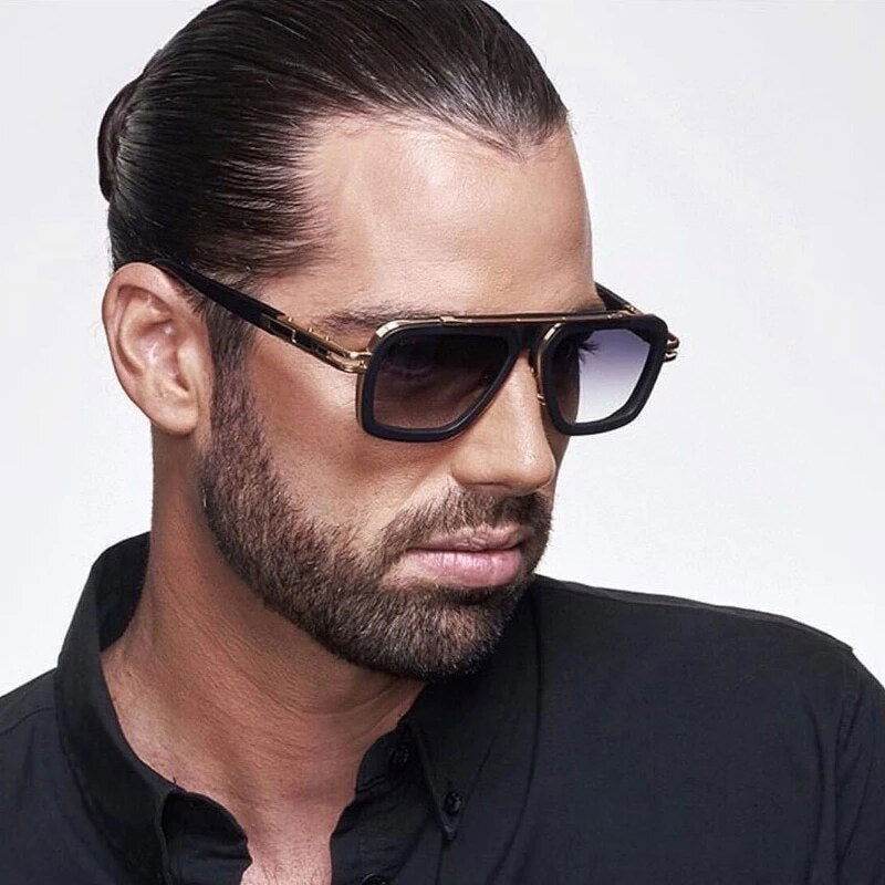 Sunglass Lover retro men's square sunglasses black gold frame with gradient lenses on bearded model