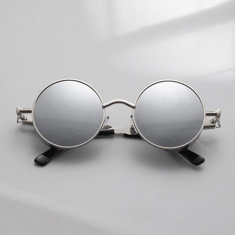 Sunglass Lover steampunk round sunglasses for men silver mirrored lenses round metal frame with black temple tips