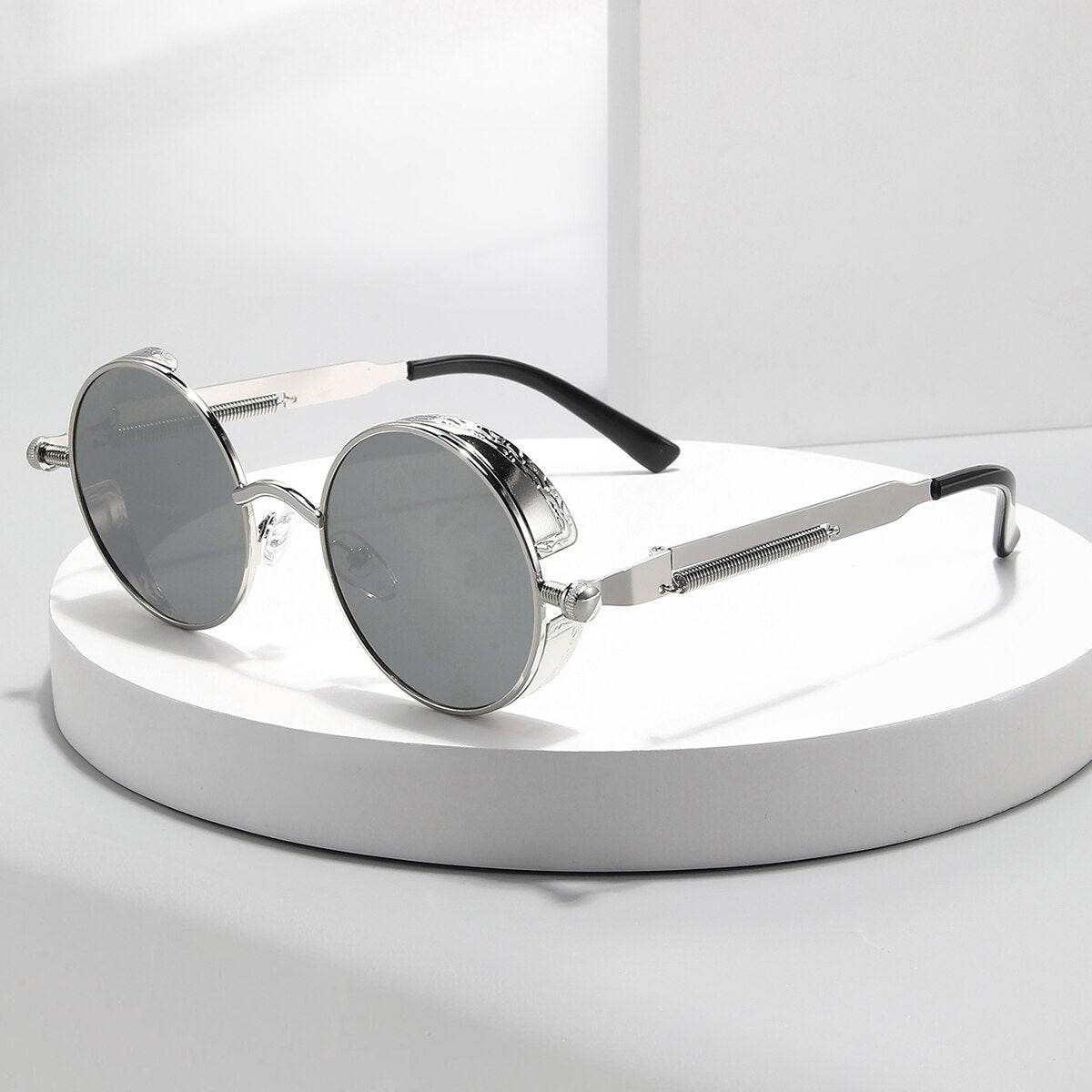 Sunglass Lover steampunk round sunglasses for men silver metal frame gray lenses black temple tips