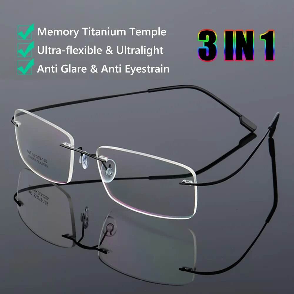 Sunglass Lover ultralight rimless titanium glasses frames with rectangular lenses and memory titanium temples
