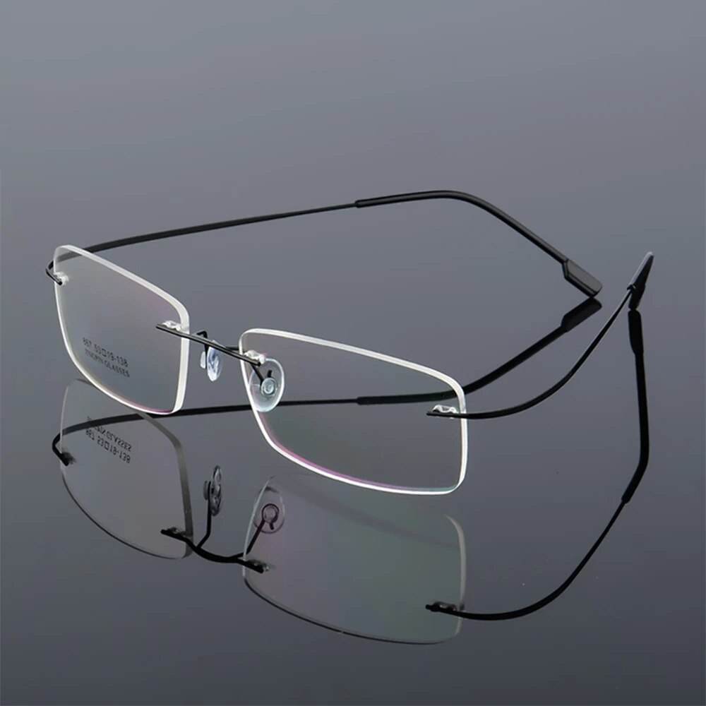 Sunglass Lover ultralight rimless titanium glasses with thin black temples adjustable nose pads and mirror like reflection