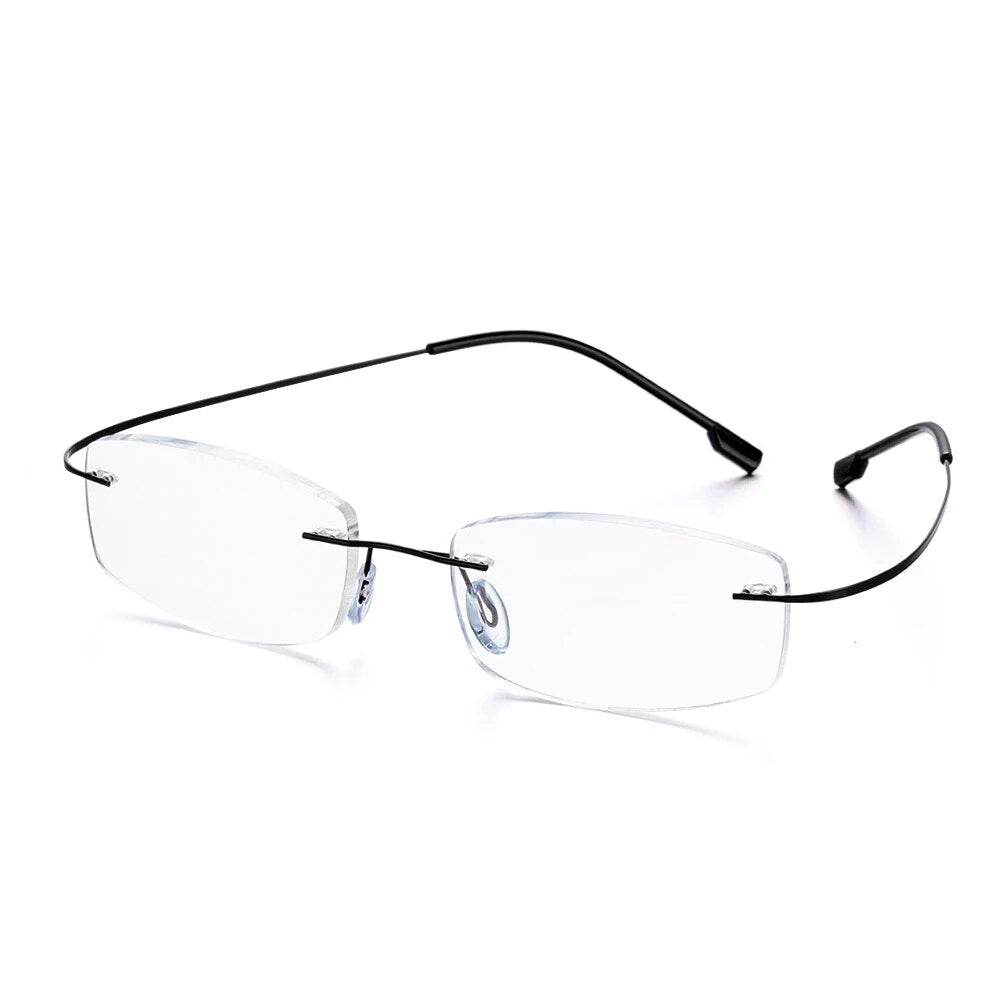 Sunglass Lover ultralight rimless titanium glasses with rectangular clear lenses and black thin temples
