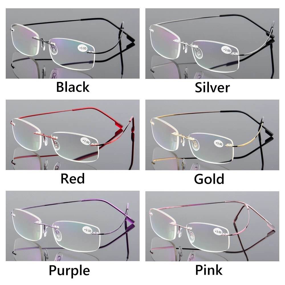 Sunglass Lover ultralight rimless titanium glasses eyeglass frames in six colors black silver red gold purple pink