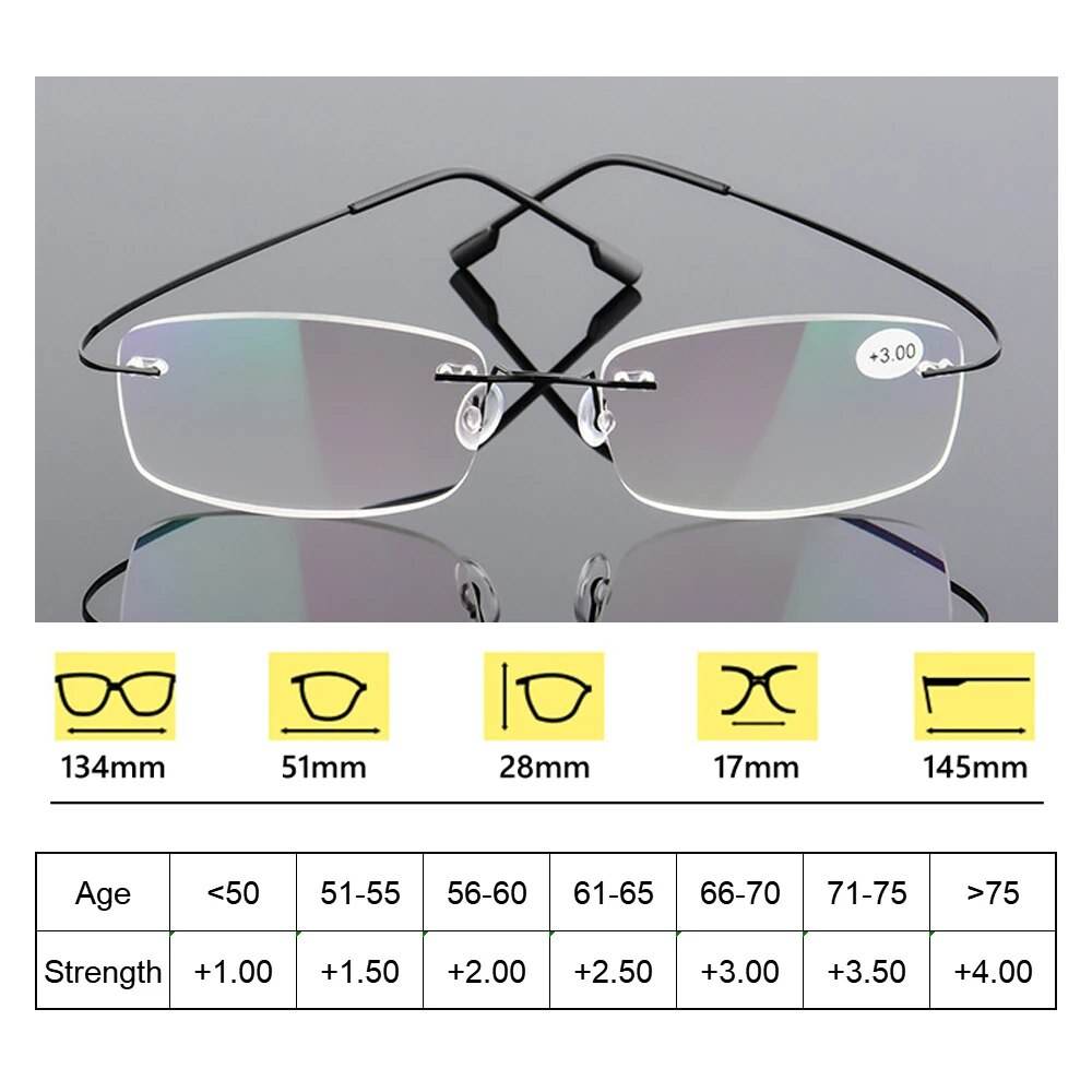Sunglass Lover ultralight rimless titanium glasses with black temples clear lenses and adjustable nose pads