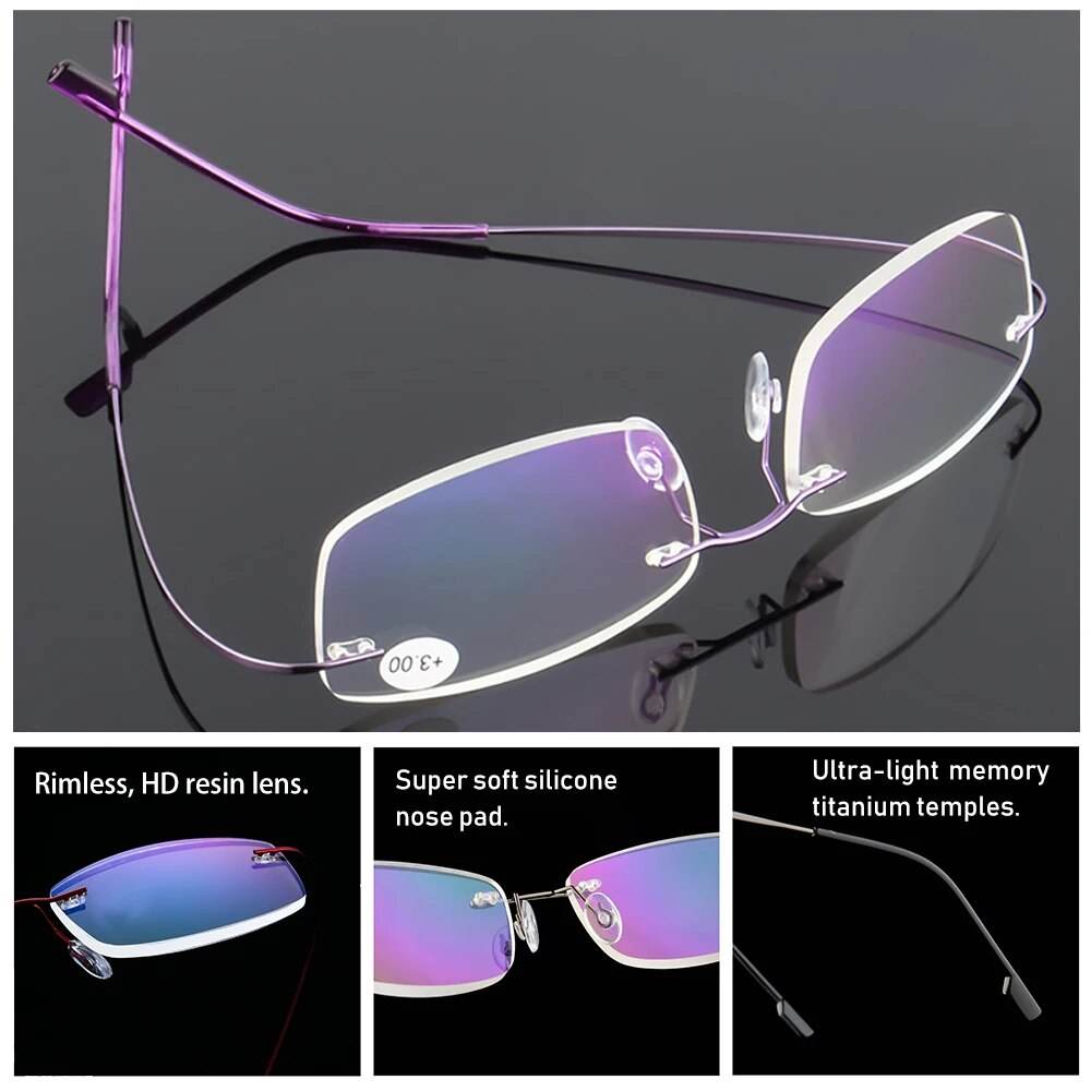 Sunglass Lover ultralight rimless titanium glasses purple rimless frames with silicone nose pads and memory temples