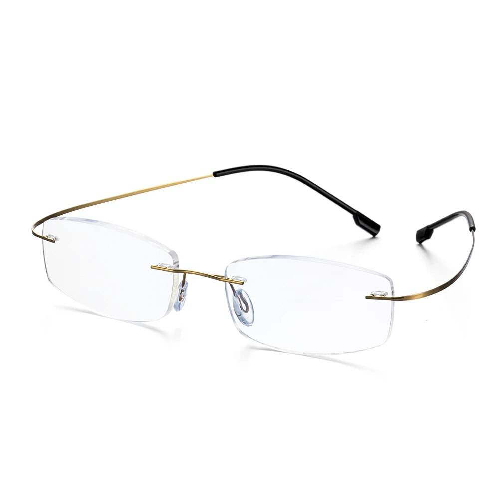 Sunglass Lover ultralight rimless titanium glasses with gold temples black temple tips rectangular lenses