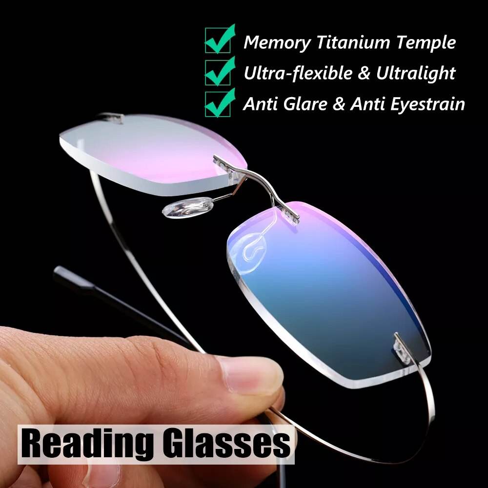 Sunglass Lover ultralight rimless titanium glasses reading frames with blue anti glare lenses and memory titanium temples