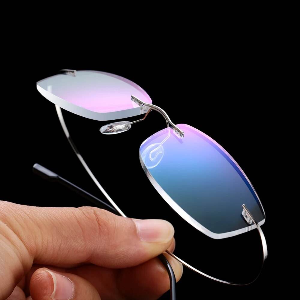 Sunglass Lover ultralight rimless titanium glasses with blue pink mirrored lenses and thin silver temples