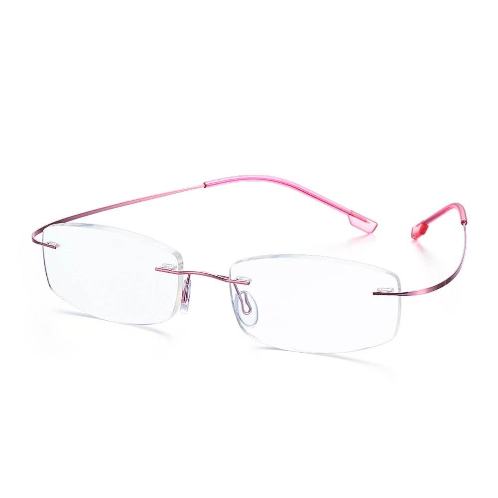 Sunglass Lover ultralight rimless titanium glasses with pink temples and adjustable nose pads lightweight frames