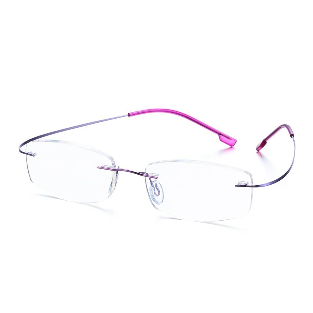 Sunglass Lover ultralight rimless titanium glasses with pink to purple temples and rectangular rimless lenses
