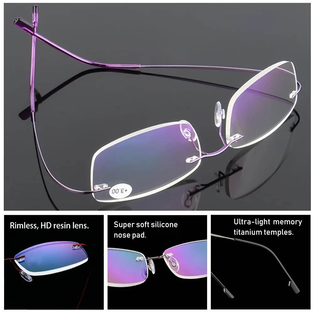 Sunglass Lover ultralight rimless titanium glasses purple rimless frames with silicone nose pads and slim memory temples
