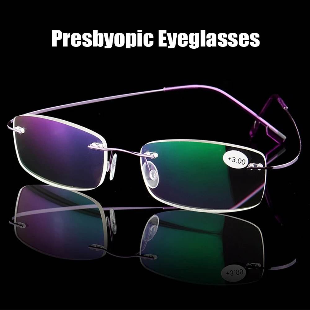 Sunglass Lover presbyopic ultralight rimless titanium glasses with green antireflective lenses plus 3 diopter
