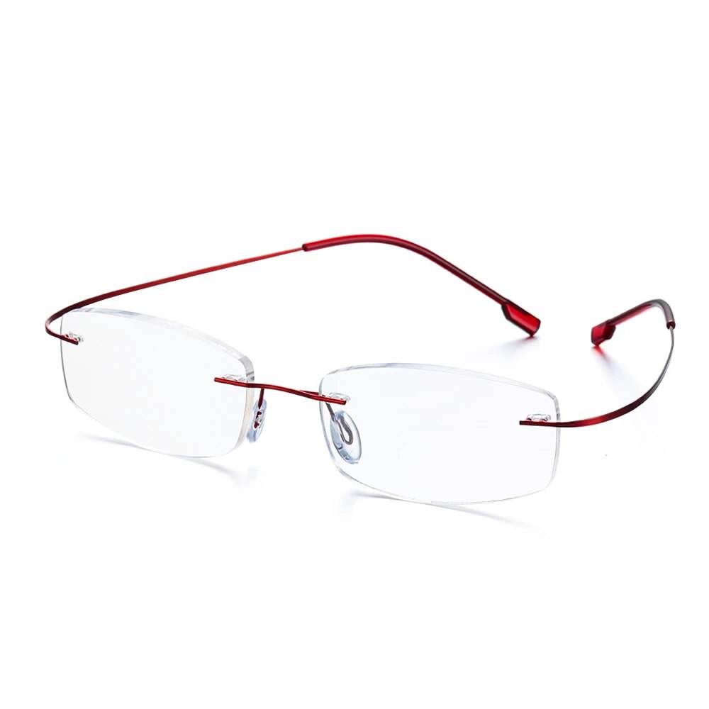 Sunglass Lover red ultralight rimless titanium glasses with rectangular lenses and adjustable nose pads