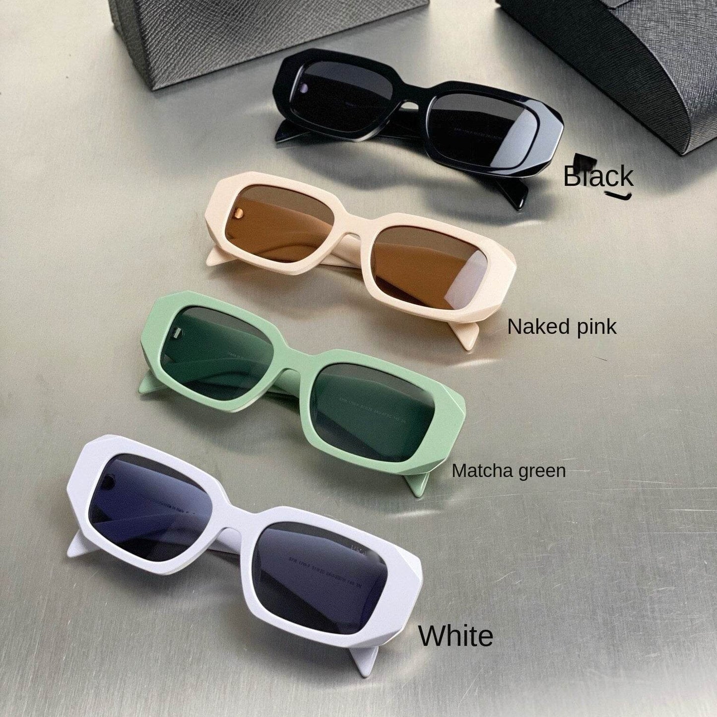 Sunglass Lover narrow frame sunglasses for women in black naked pink matcha green and white