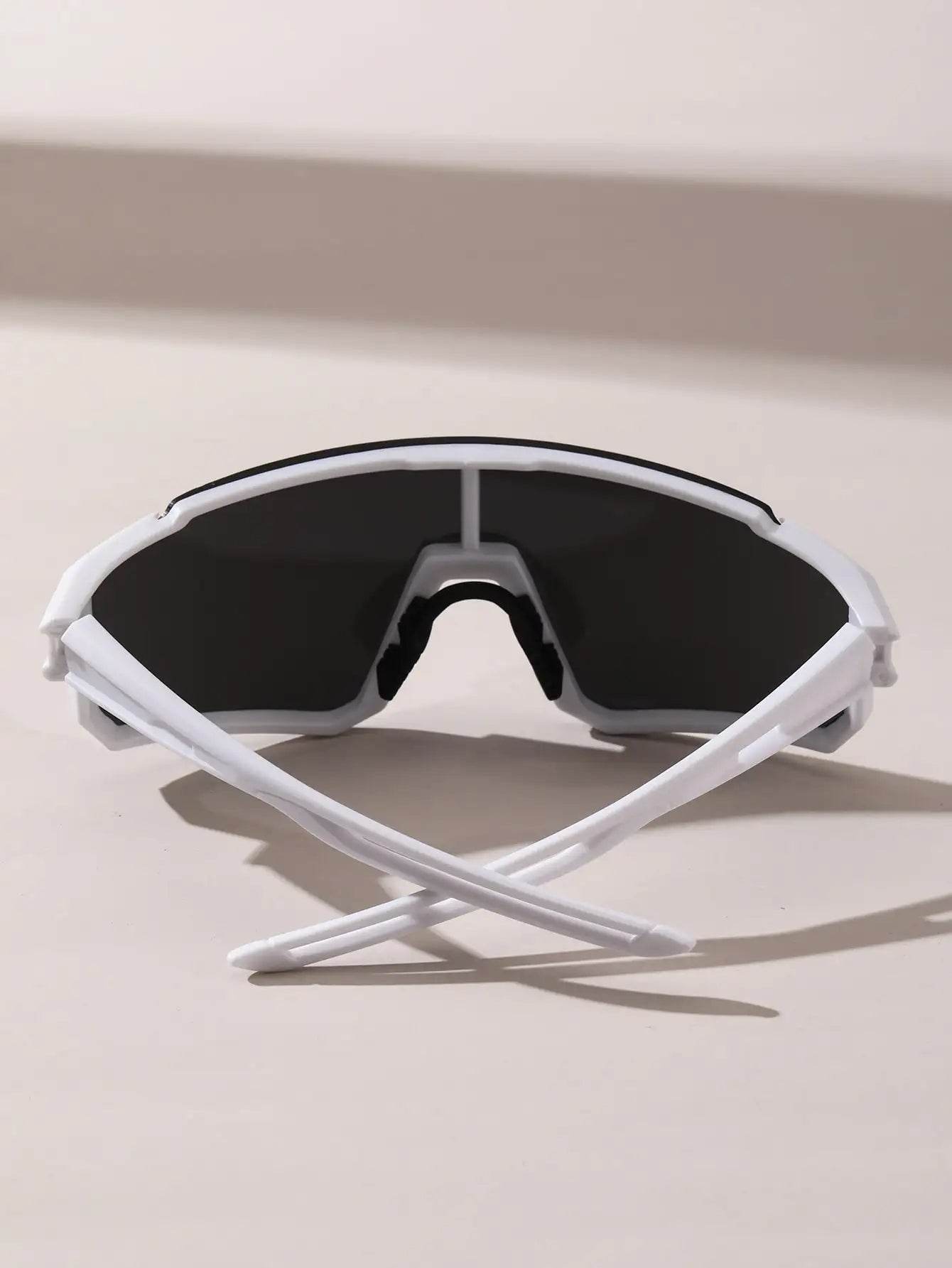 White wraparound sports sunglasses for men by Sunglass Lover with black lenses and rubber nose pad for cycling