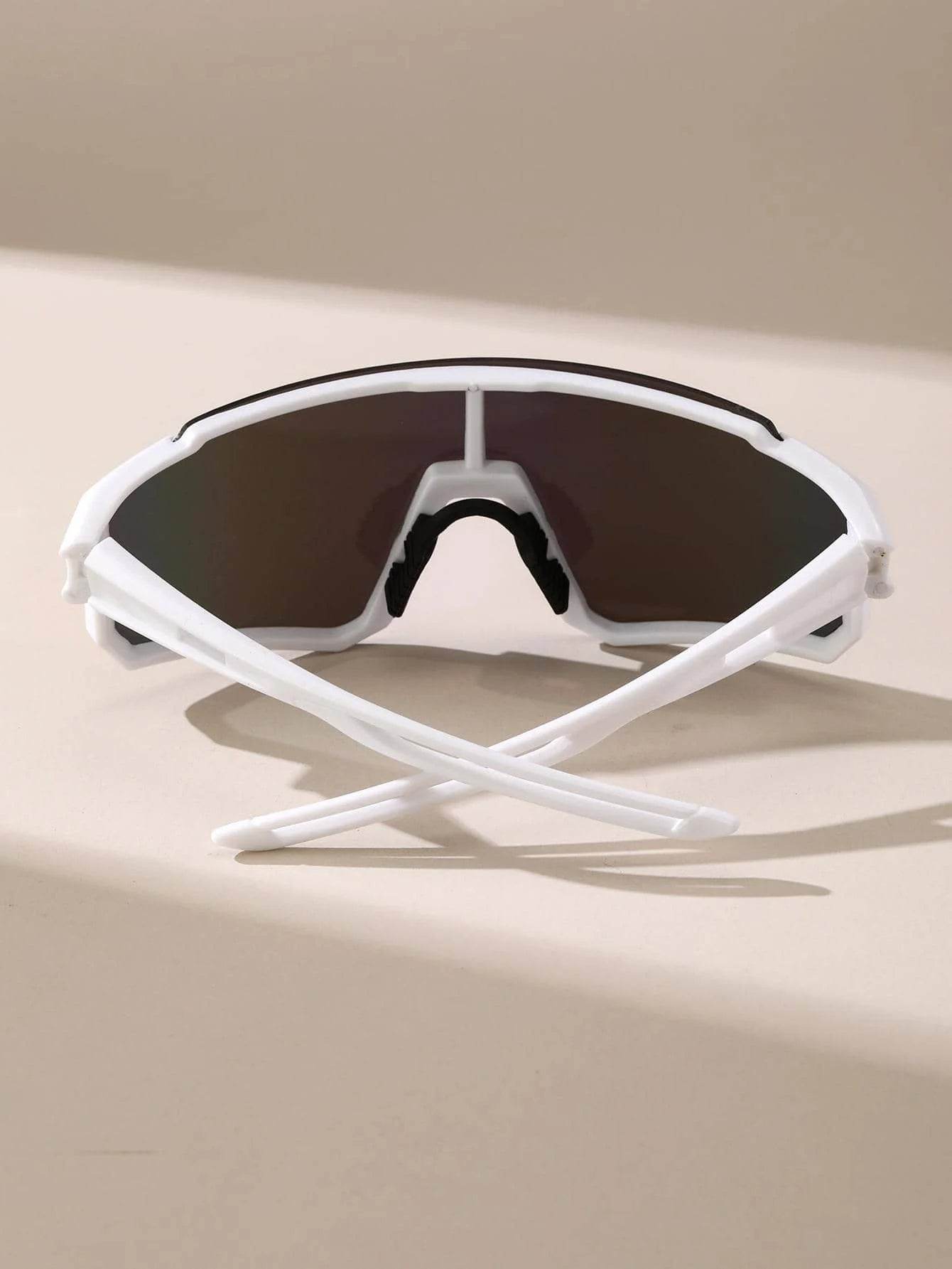 Sunglass Lover white wraparound shield sports sunglasses for men with black lens and nose pad