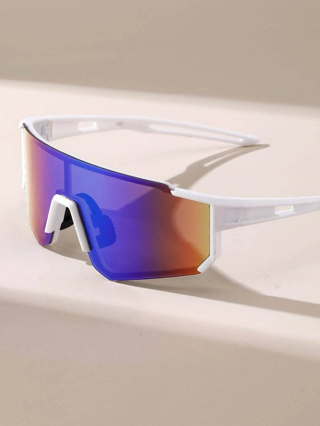 Sunglass Lover white frame sports sunglasses for men with mirrored blue shield lens for cycling