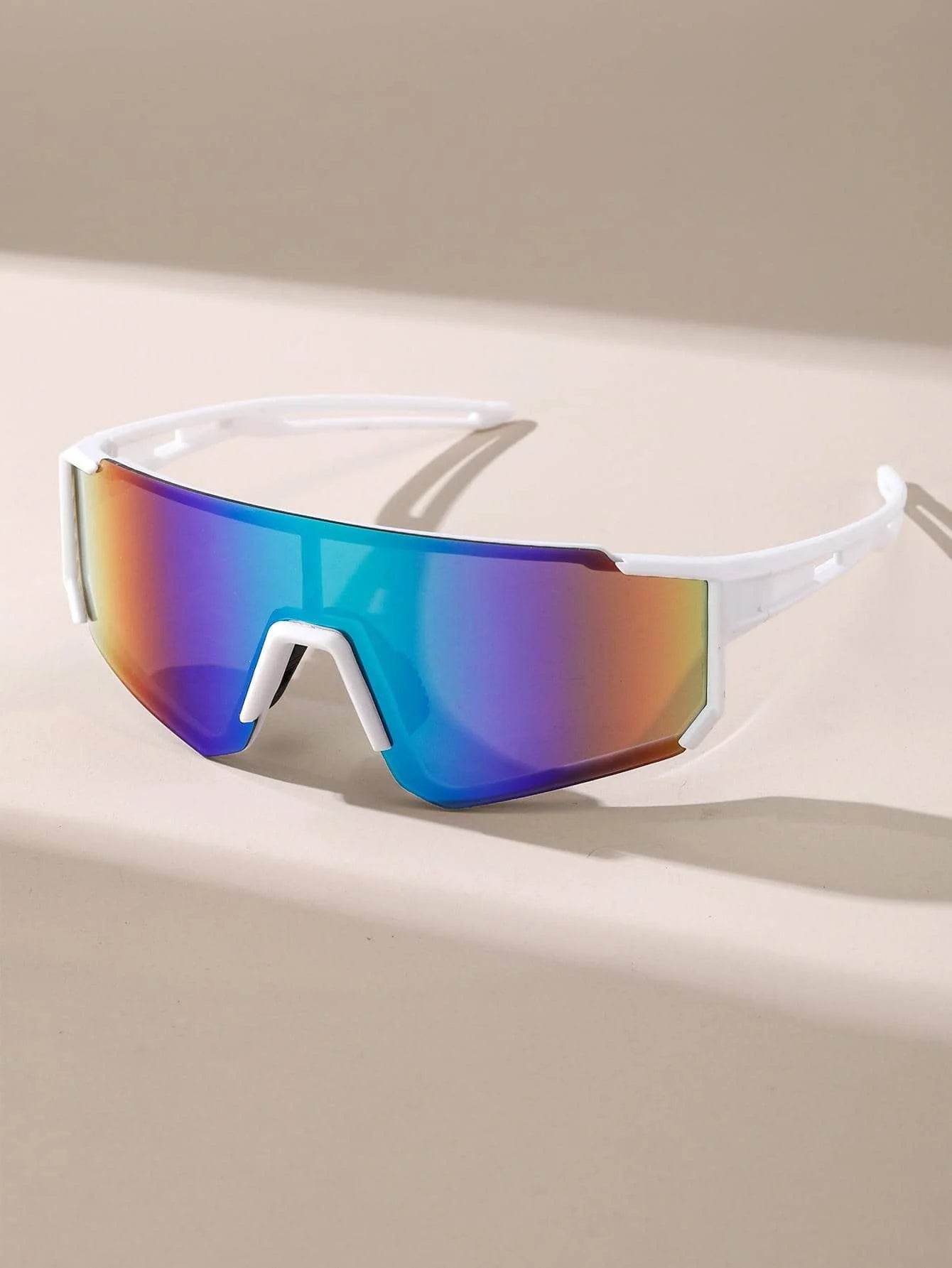 Sunglass Lover white frame sports sunglasses for men with wraparound mirrored rainbow lens and soft nose pad