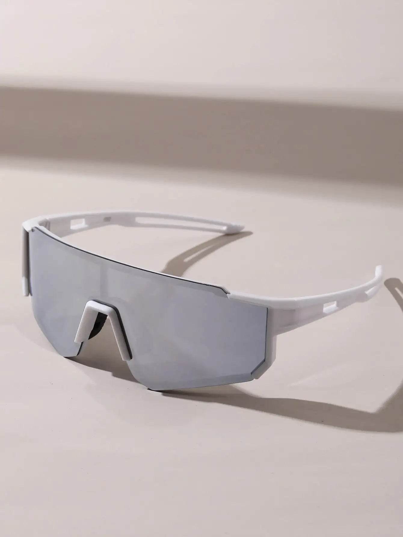 Sunglass Lover white shield sports sunglasses for men with mirrored gray lens and ventilated nose bridge